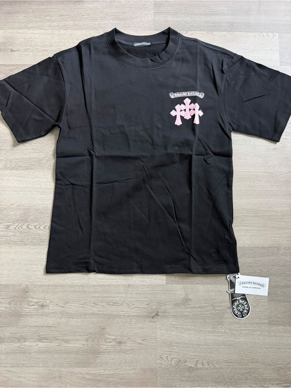 Chrome Hearts Black Tee with Pink Cross Motif